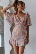 My Belle Cut-Out Detail Frill Accent Dress Vintage Floral Print Peach