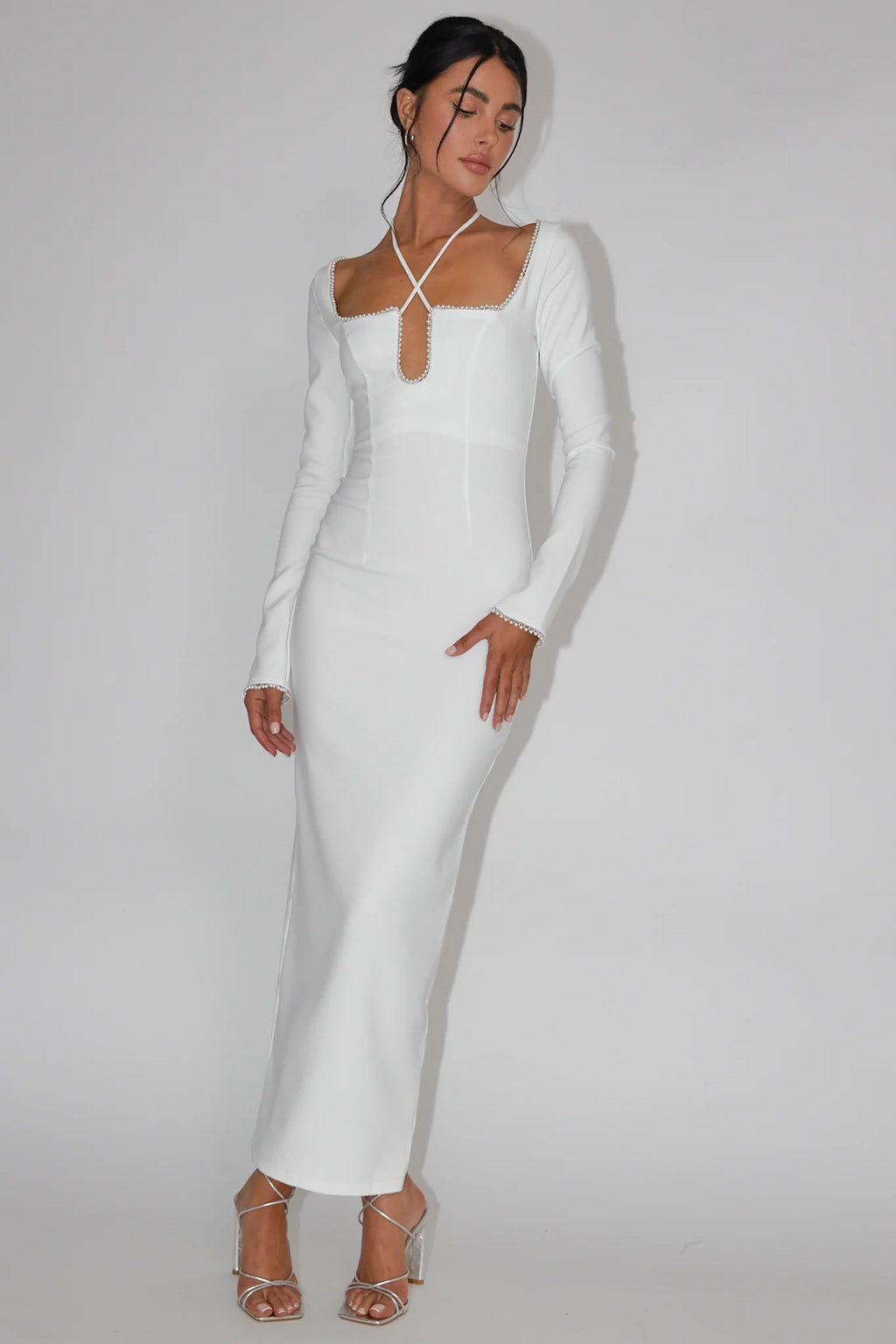 Samantha Pearl Trim Midi Dress White