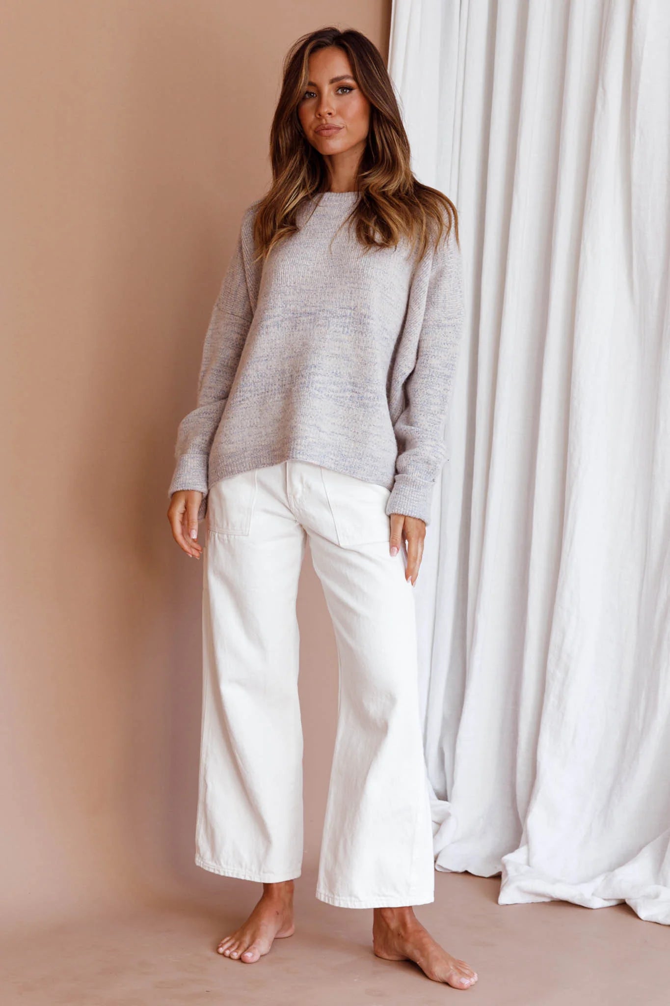 Kayce Dropped Shoulder Knit Sweater Grey