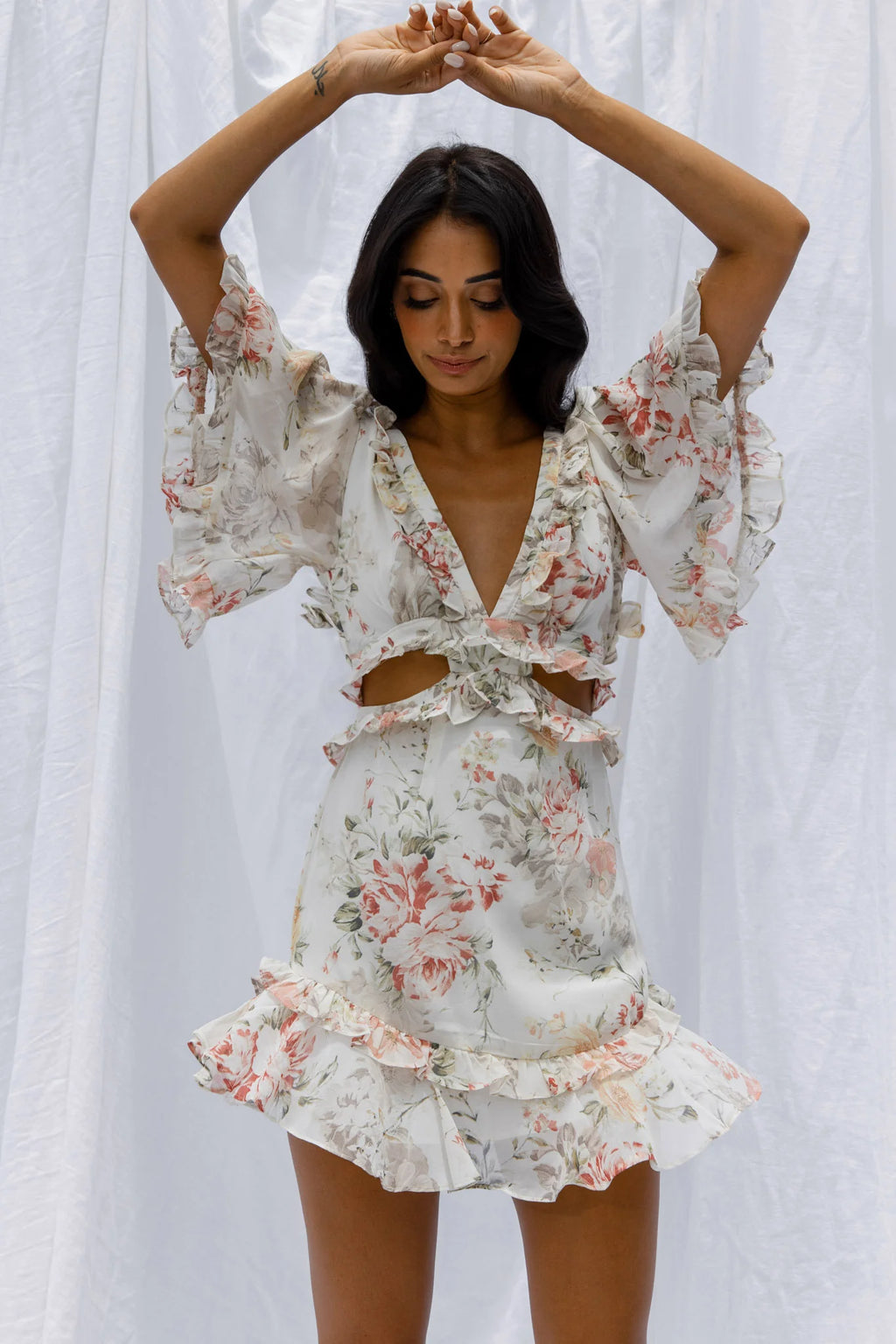 My Belle Cut-Out Detail Frill Accent Dress Vintage Floral Print White