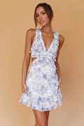 My Belle V-Neckline Lace-Up Back Frill Dress Floral Blue