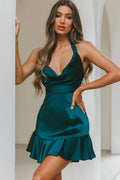 Champs Elysees Halterneck Ruffle Hem Mini Dress Forest Green