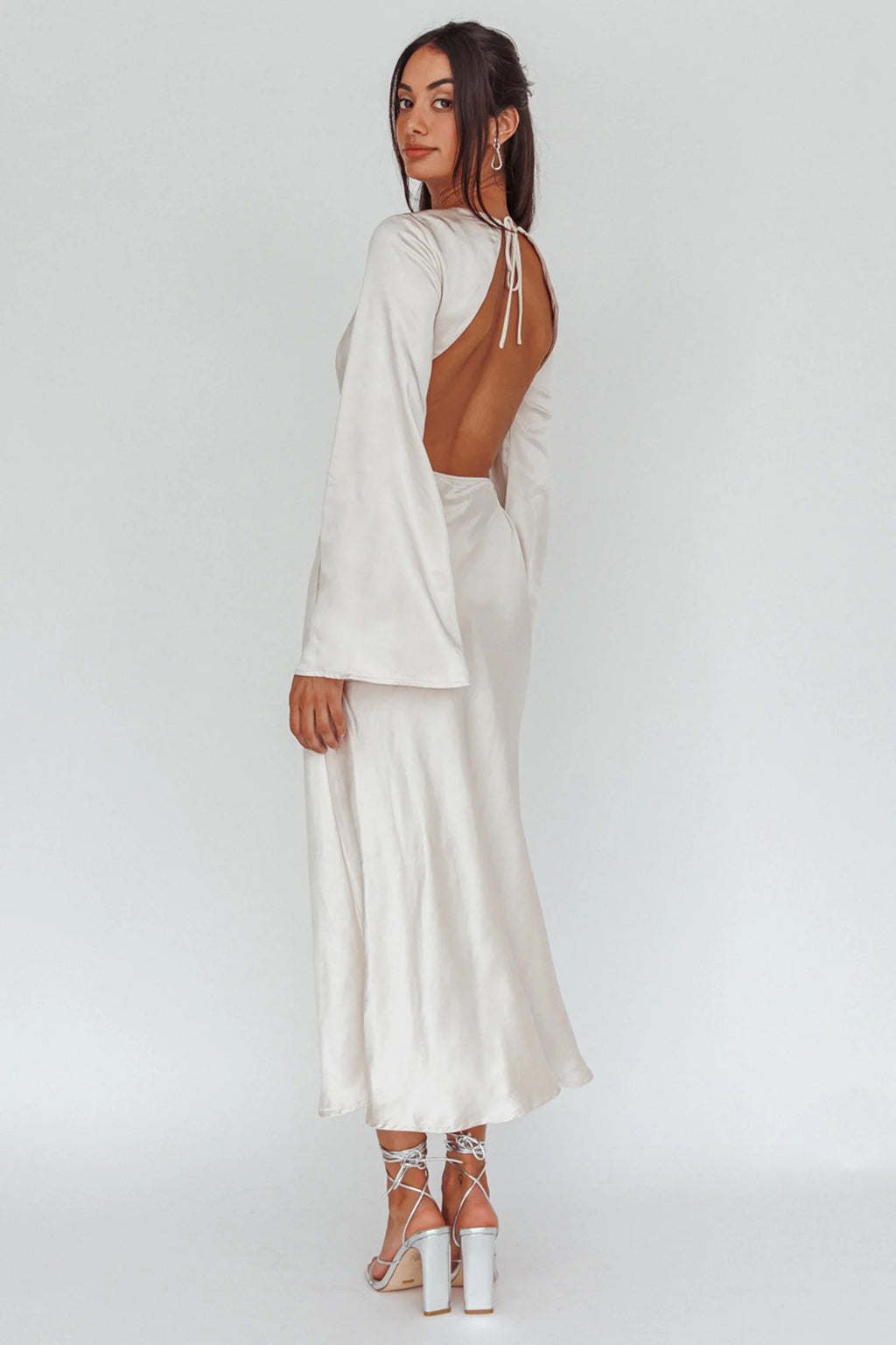 Doting Bell Sleeve Cut-Out Midi Dress Champagne