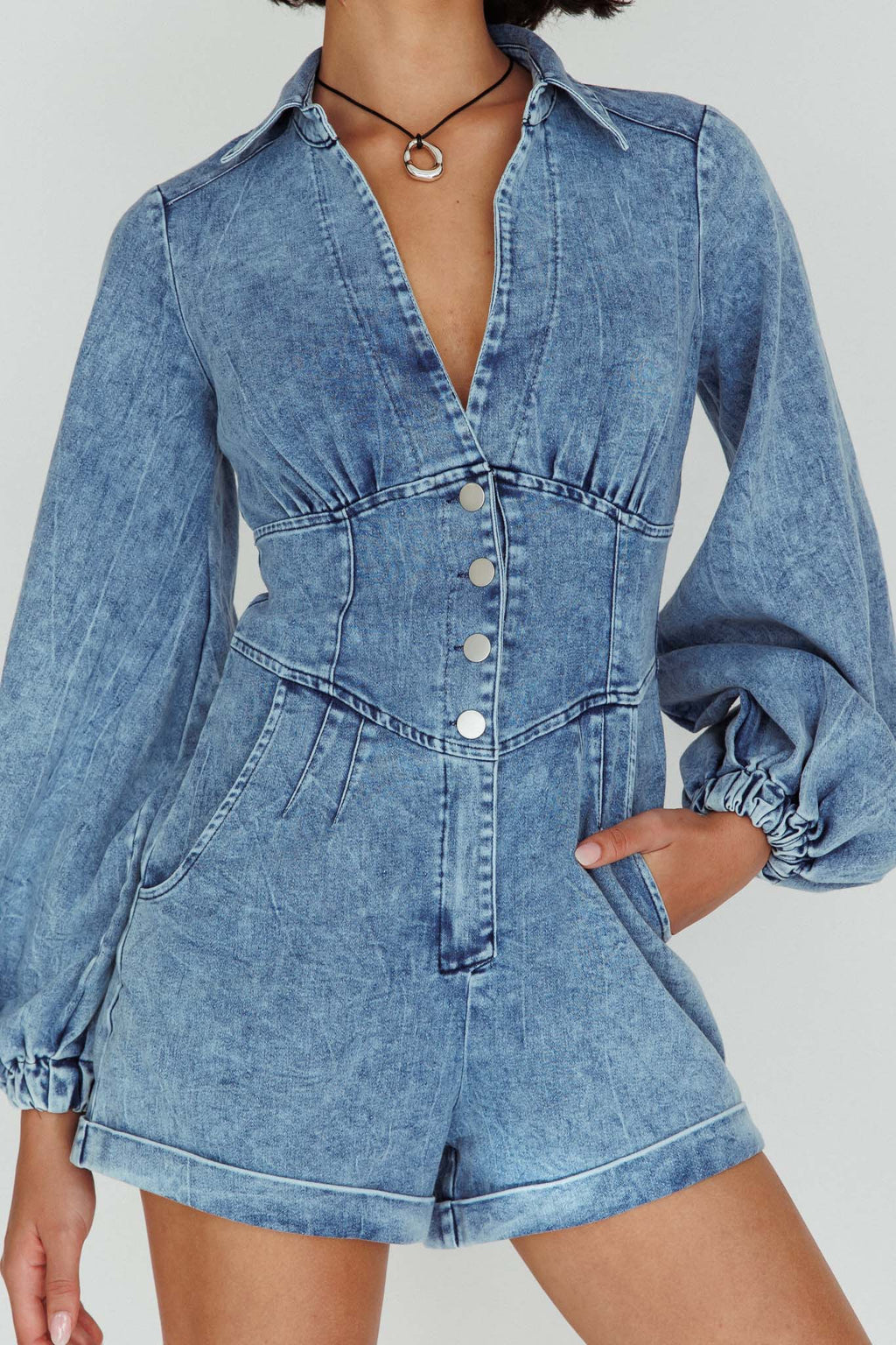 South Beach Long Sleeve Collared Romper Denim