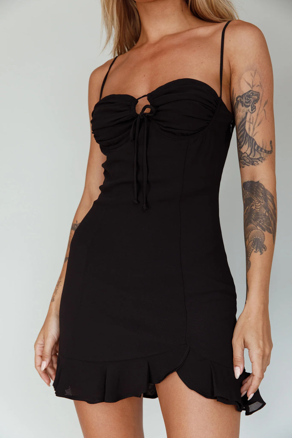 Sky Light Drawstring Bust Mini Dress Black