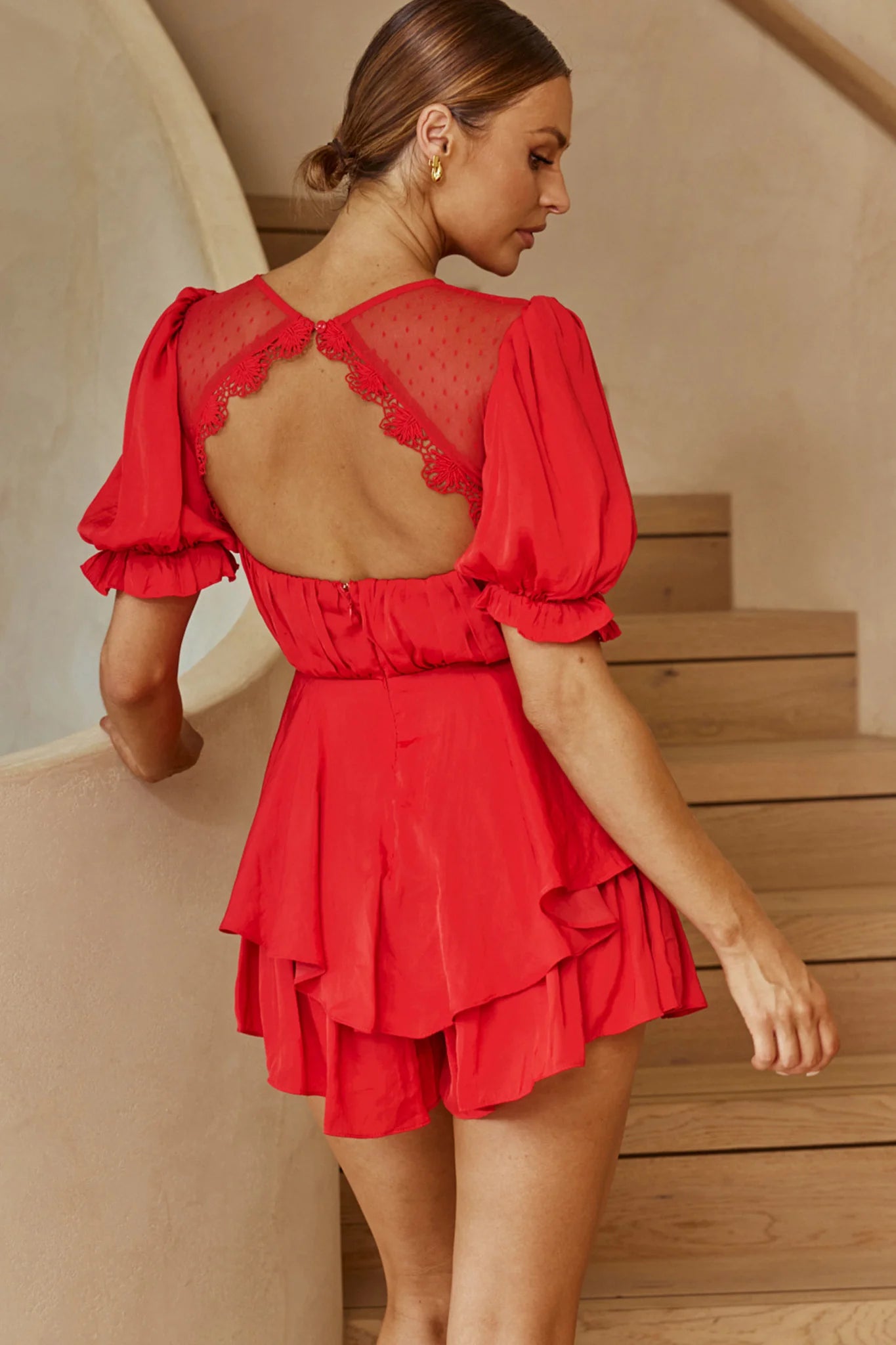 L'amour Lace Mesh Bust Puff Sleeve Romper Red
