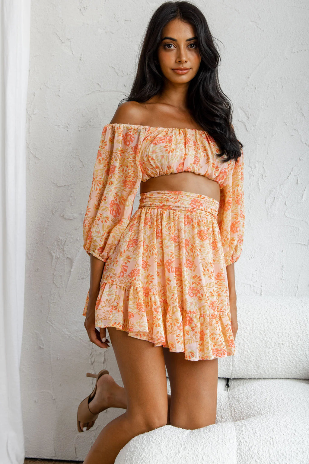 Abby Waistband A-Line Ruffle Hem Skirt Floral Print Pink