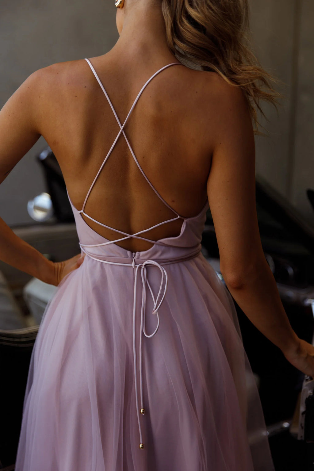 Floating By Pleated Neckline Mesh Midi Dress Blush
