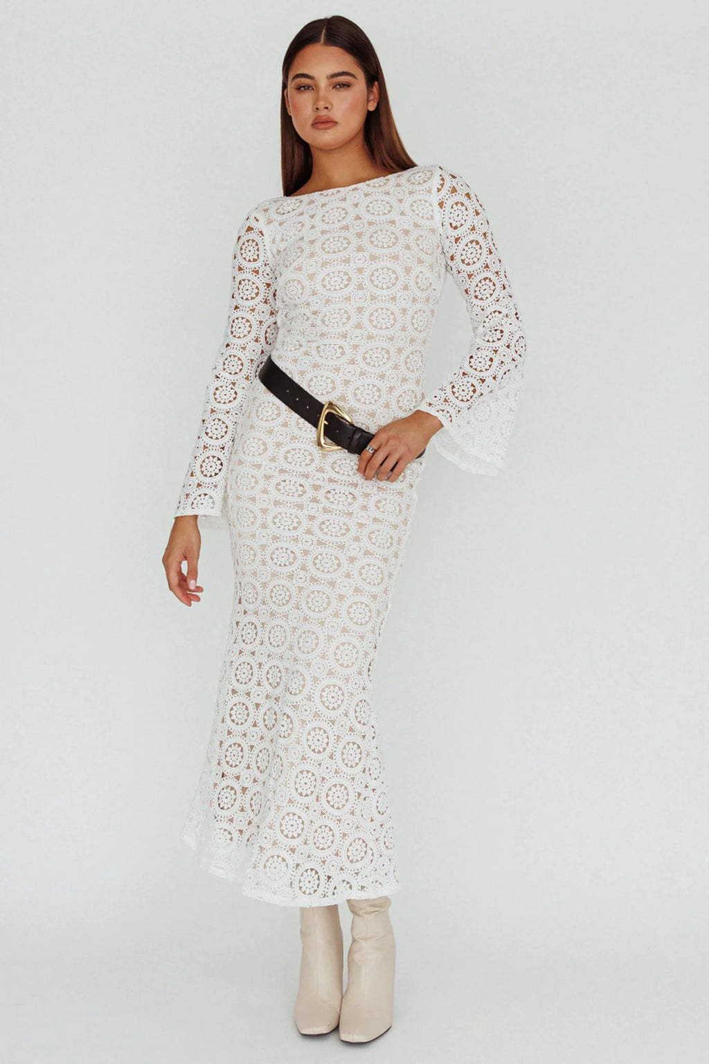 Kasia Long Sleeve Crochet Maxi Dress White