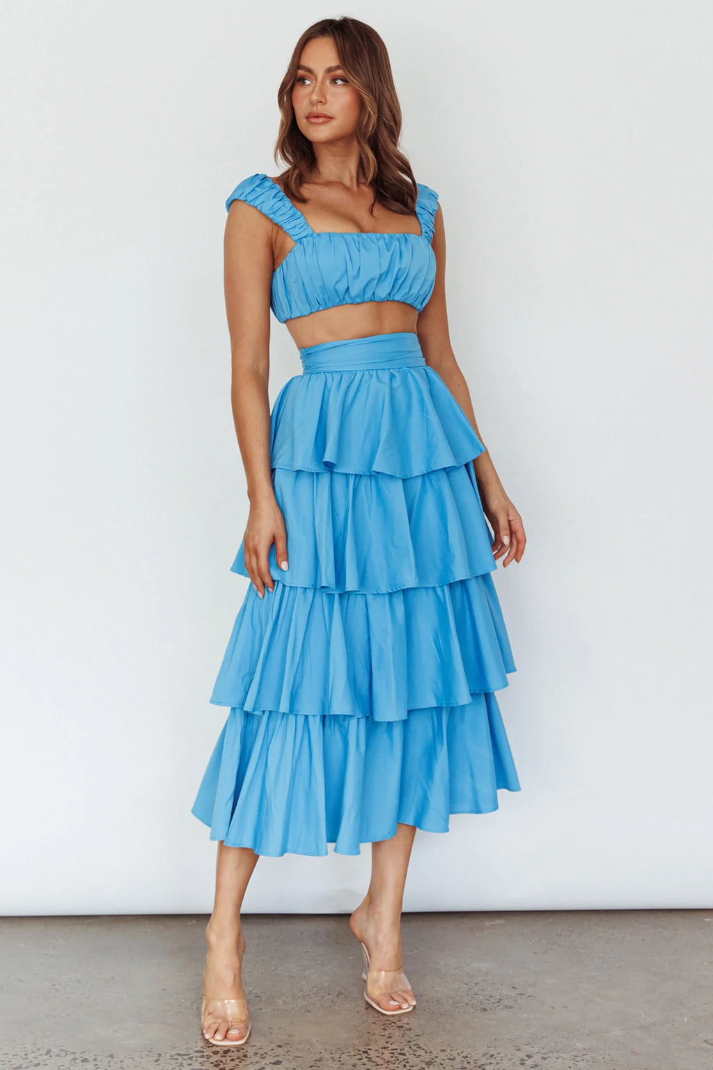 Suenito Tiered Frill Maxi Skirt Blue