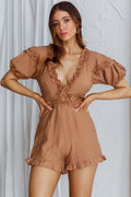 Galatia Frill Trim Puff Sleeve Romper Tan