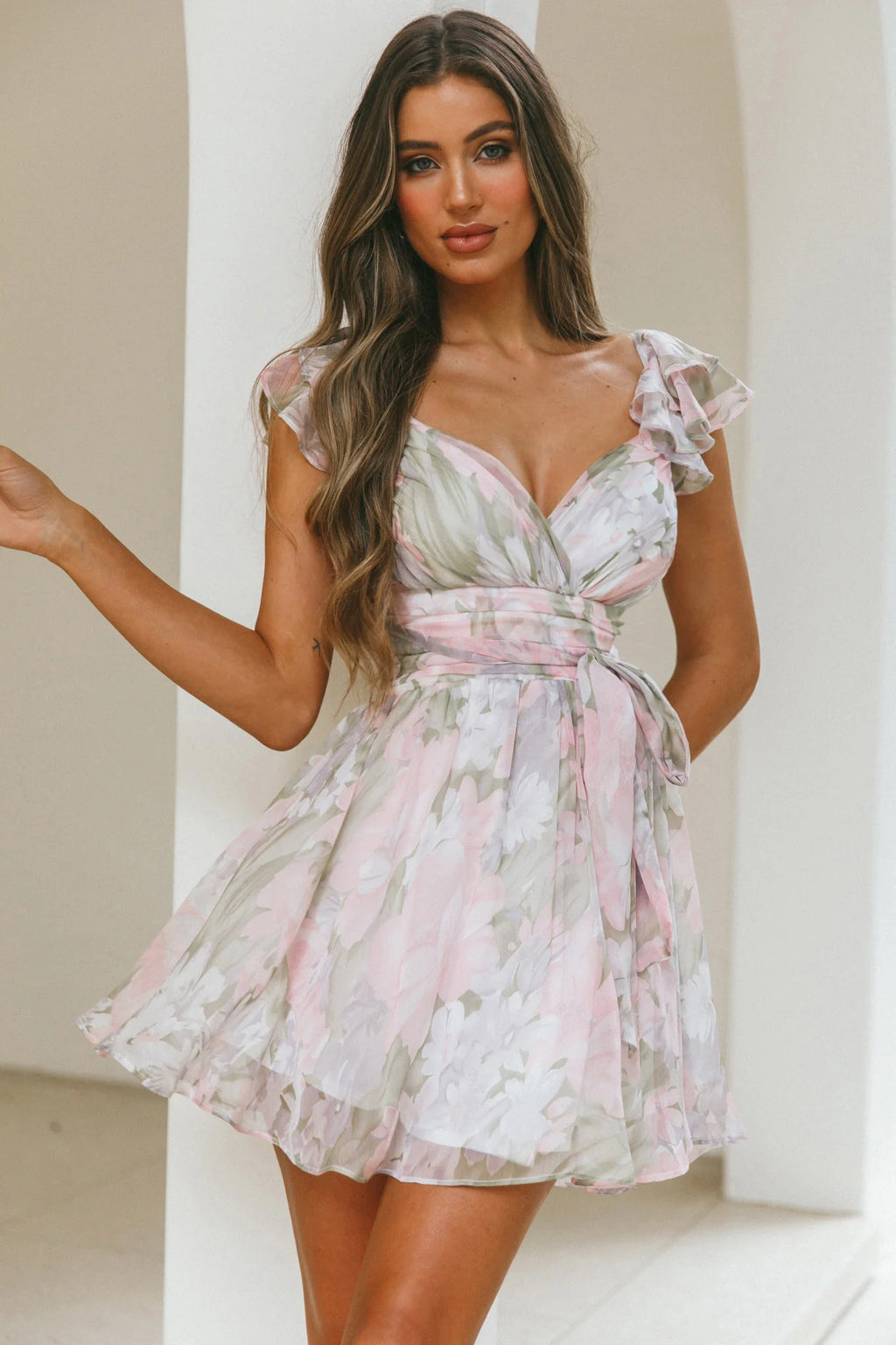 Lola Ruffle Shoulder Ruched Dress Watercolor Floral Pink Multi