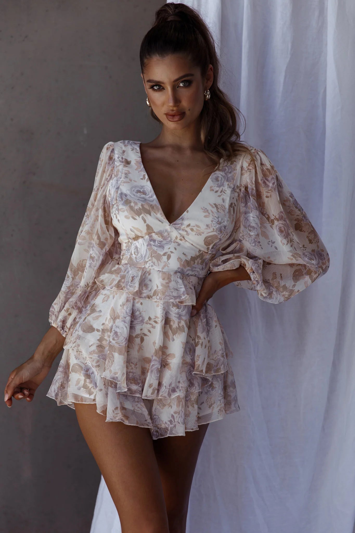 La Nena Frill Trim Flounce Romper Floral Cream