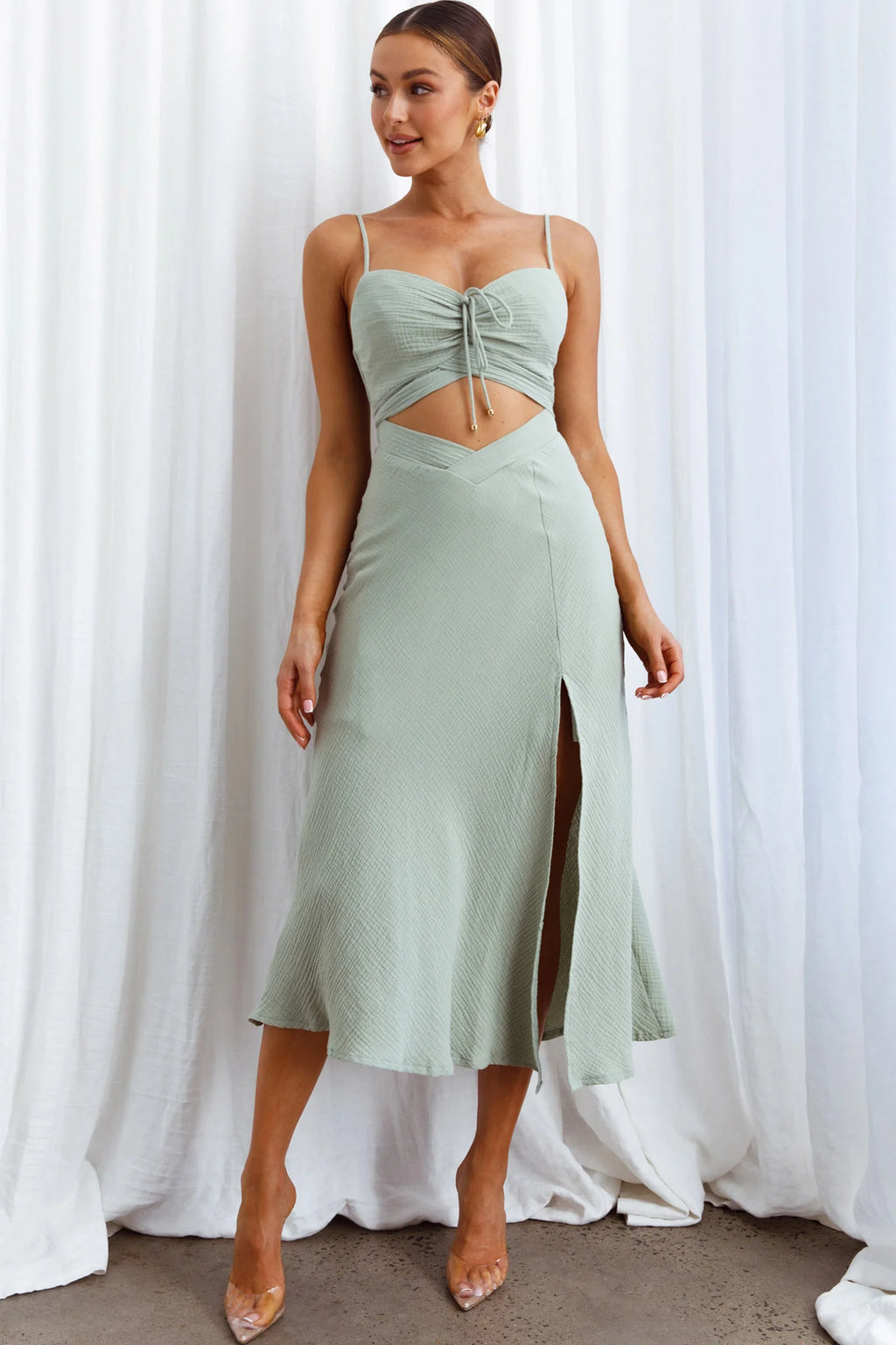 Twin Flame Drawstring Bust Midi Dress Sage