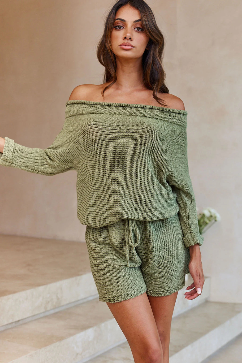 Amris Off-Shoulder Long Sleeve Knit Romper Khaki