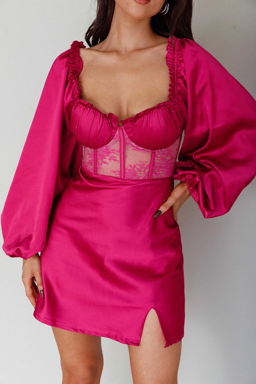 Trophy Long Sleeve Lace Bodice Mini Dress Plum