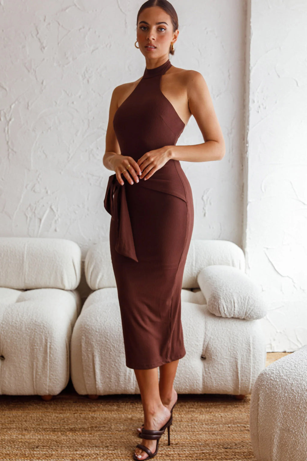 Rapt Waist Tie Halterneck Knit Midi Dress Chocolate