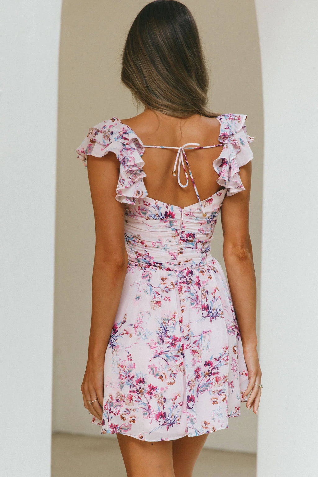Lola Ruffle Shoulder Ruched Dress Floral Print Pink