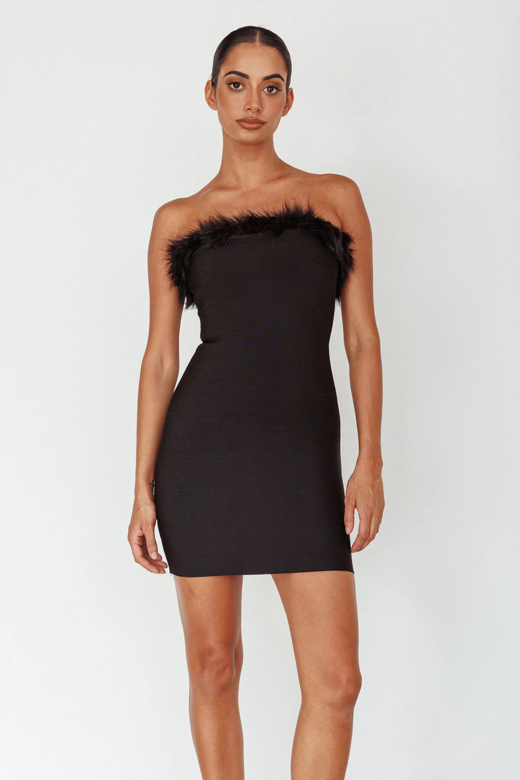 Cherri Fur Trim Mini Dress Electric Black