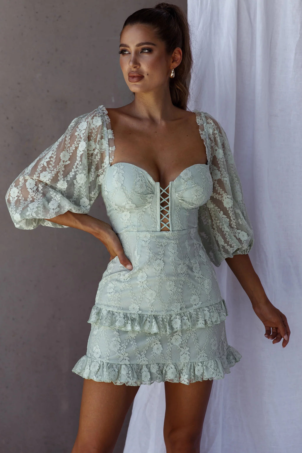 Hemingway Criss-Cross Bust Balloon Sleeve Frill Trim Lace Dress Sage