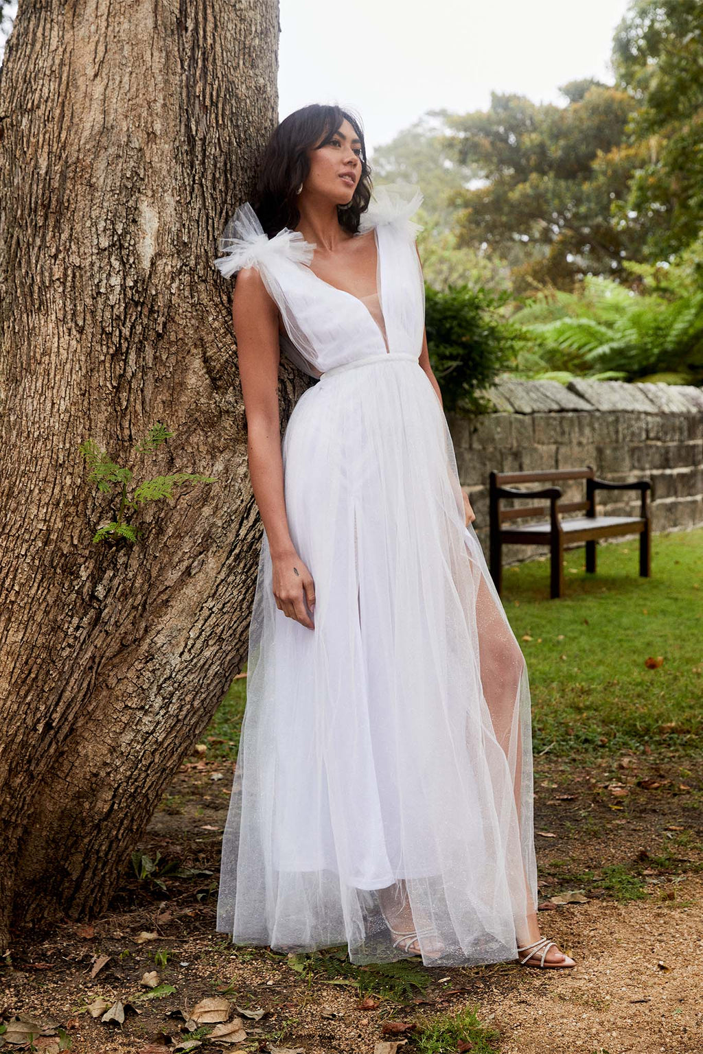 Ludivine Shoulder Accent Mesh Midi Dress Glitter White