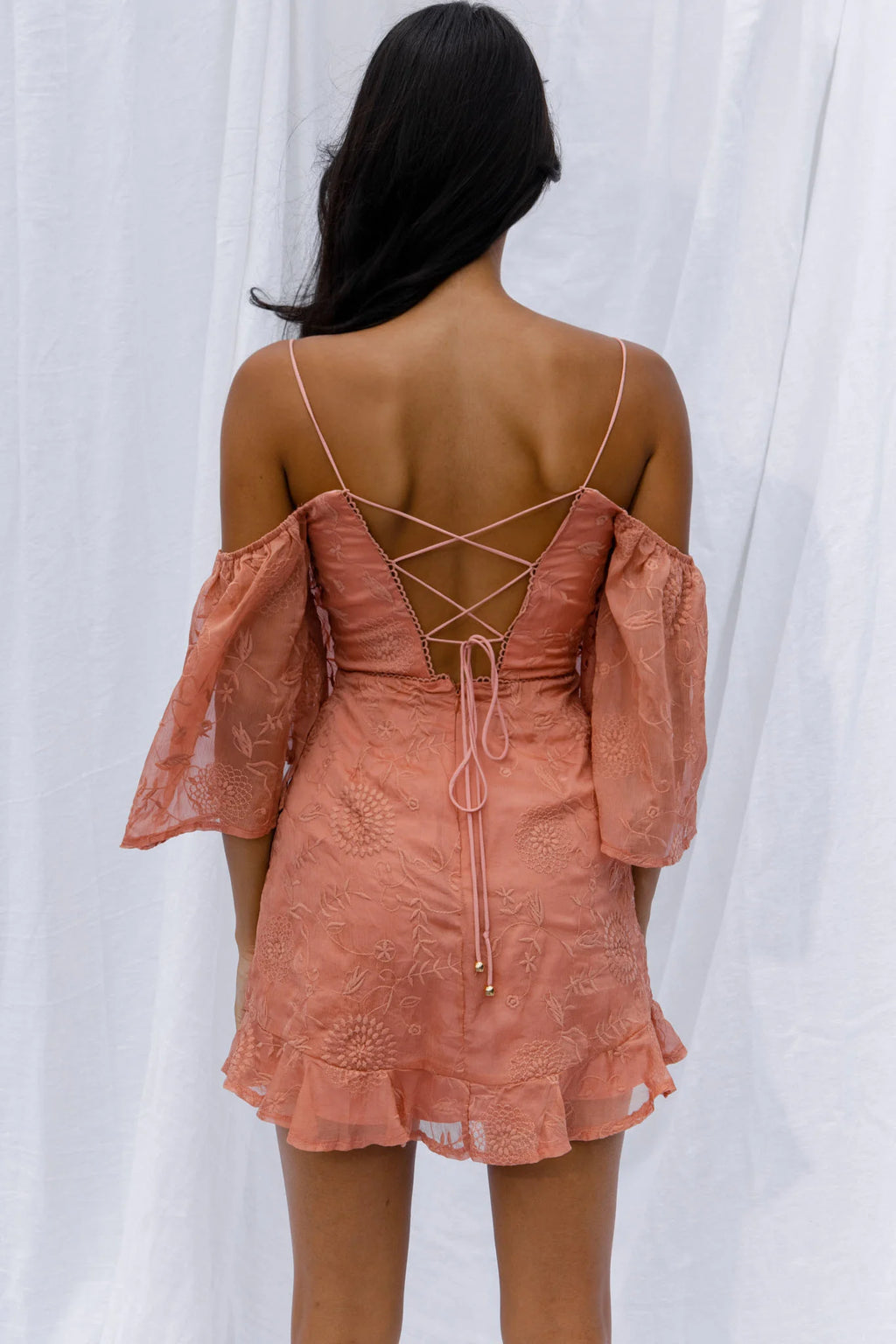 Koda Bell Sleeve Lace-Up Back Mini Dress Peach