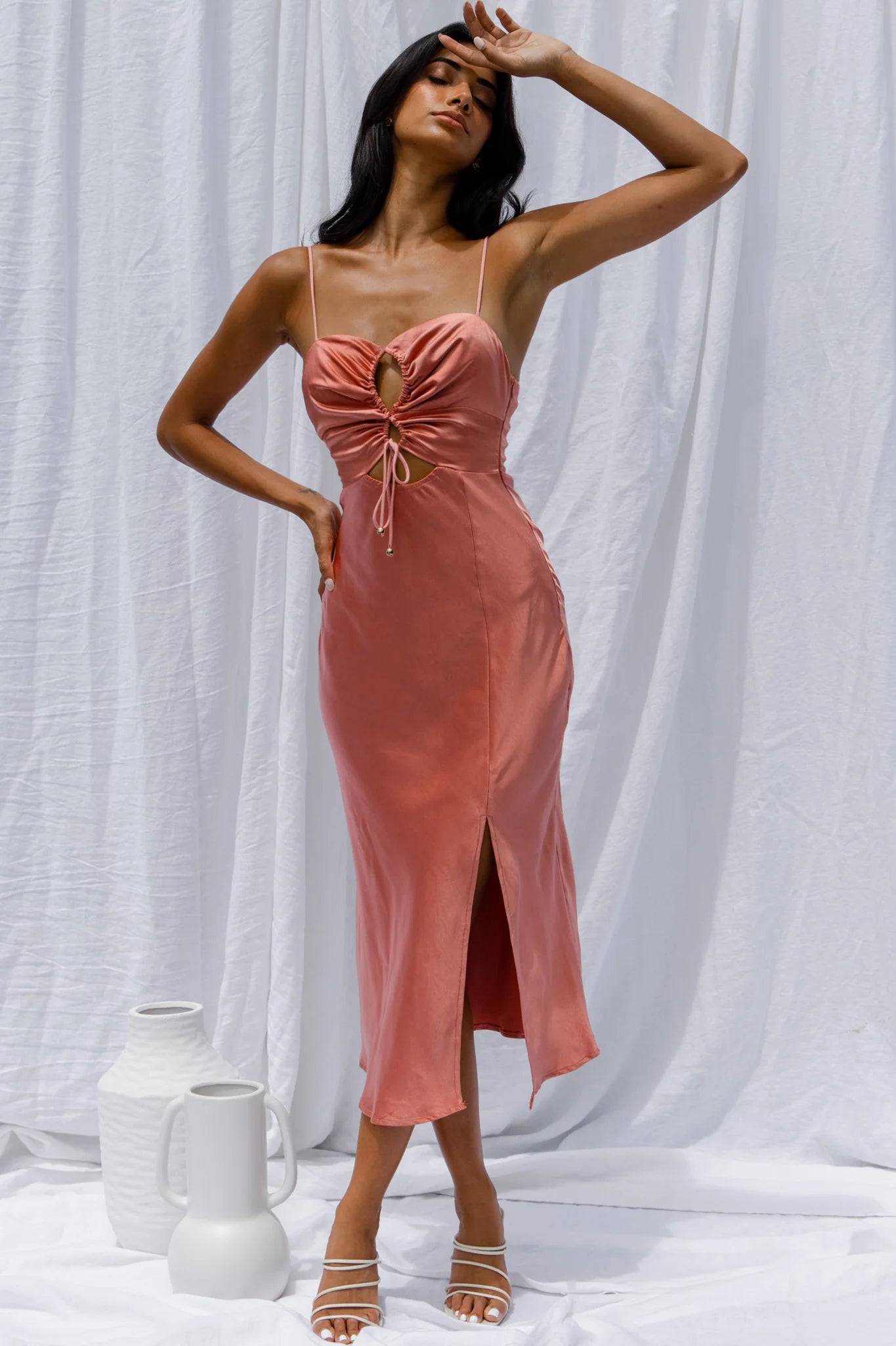 Date Night Drawstring Bust Midi Dress Rose