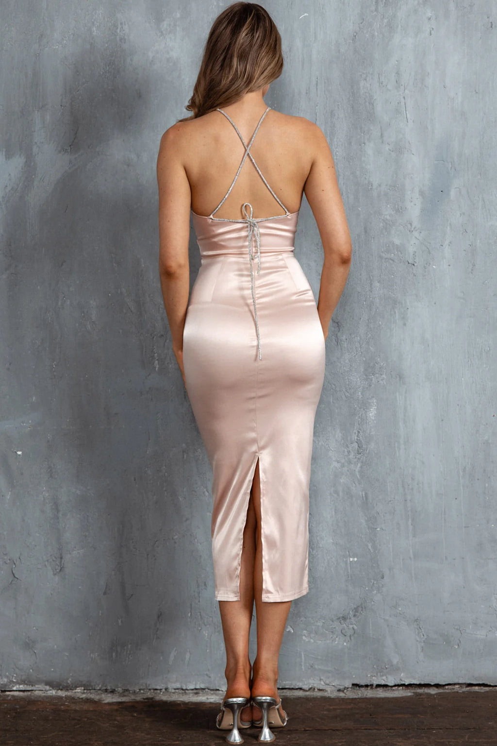 Slow Dance Diamante Strap Midi Dress Blush
