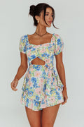 Whimsical Cut-out Bodice Romper Floral Blue