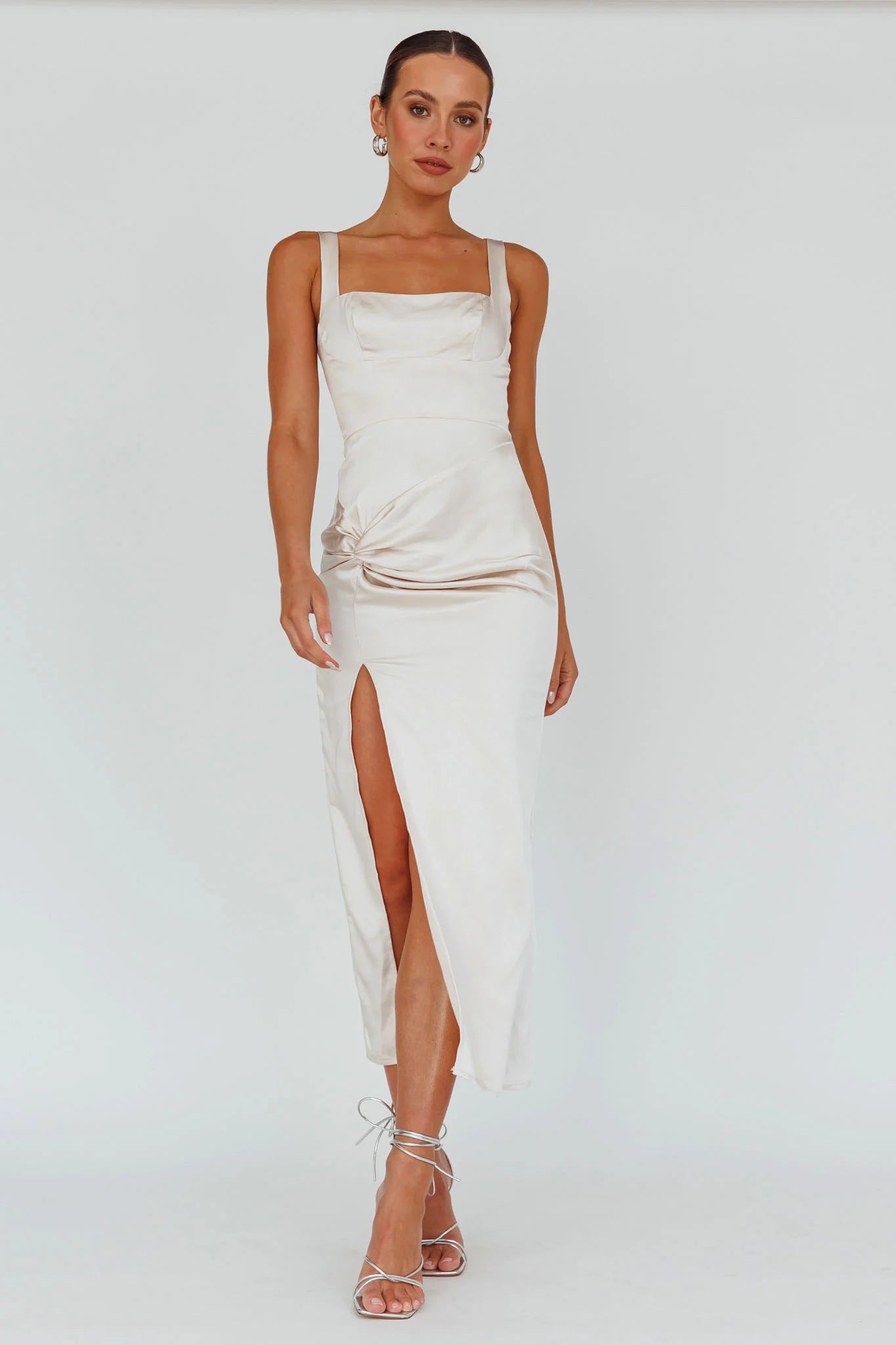 Kristin Knotted Waist Split Midi Dress Champagne