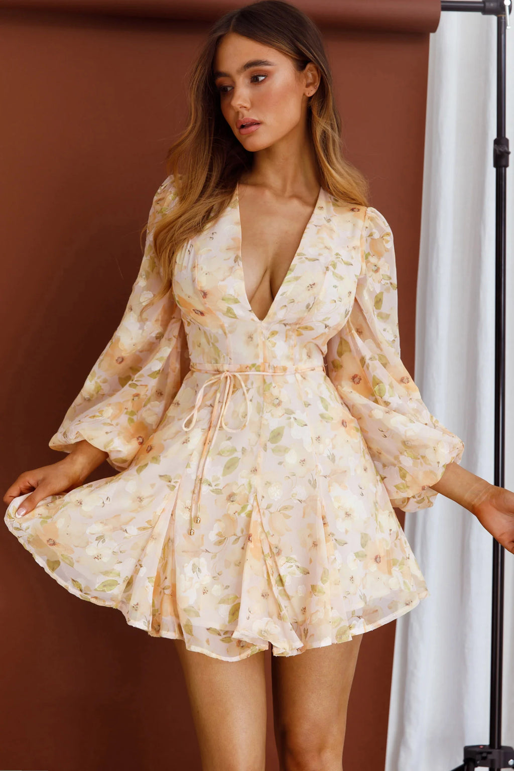 Estelle Long Sleeve V-Neckline Dress Watercolor Floral Print Peach