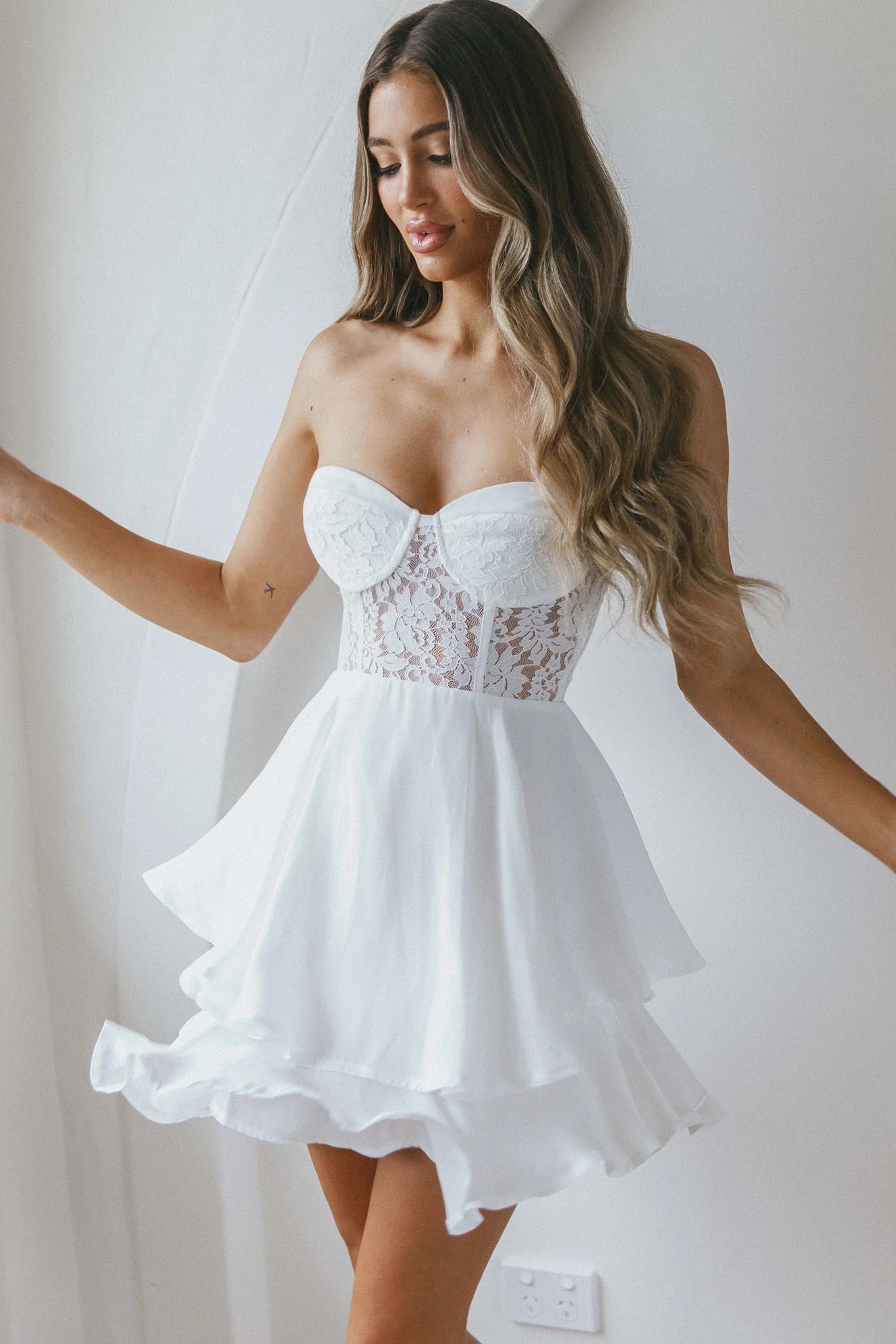 In Your Arms Strapless Lace Bodice Layered Hem Mini Dress White