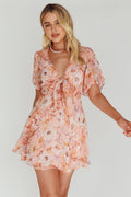 Madison Bow Tie Bust Puff Sleeve Dress Flowers Orange