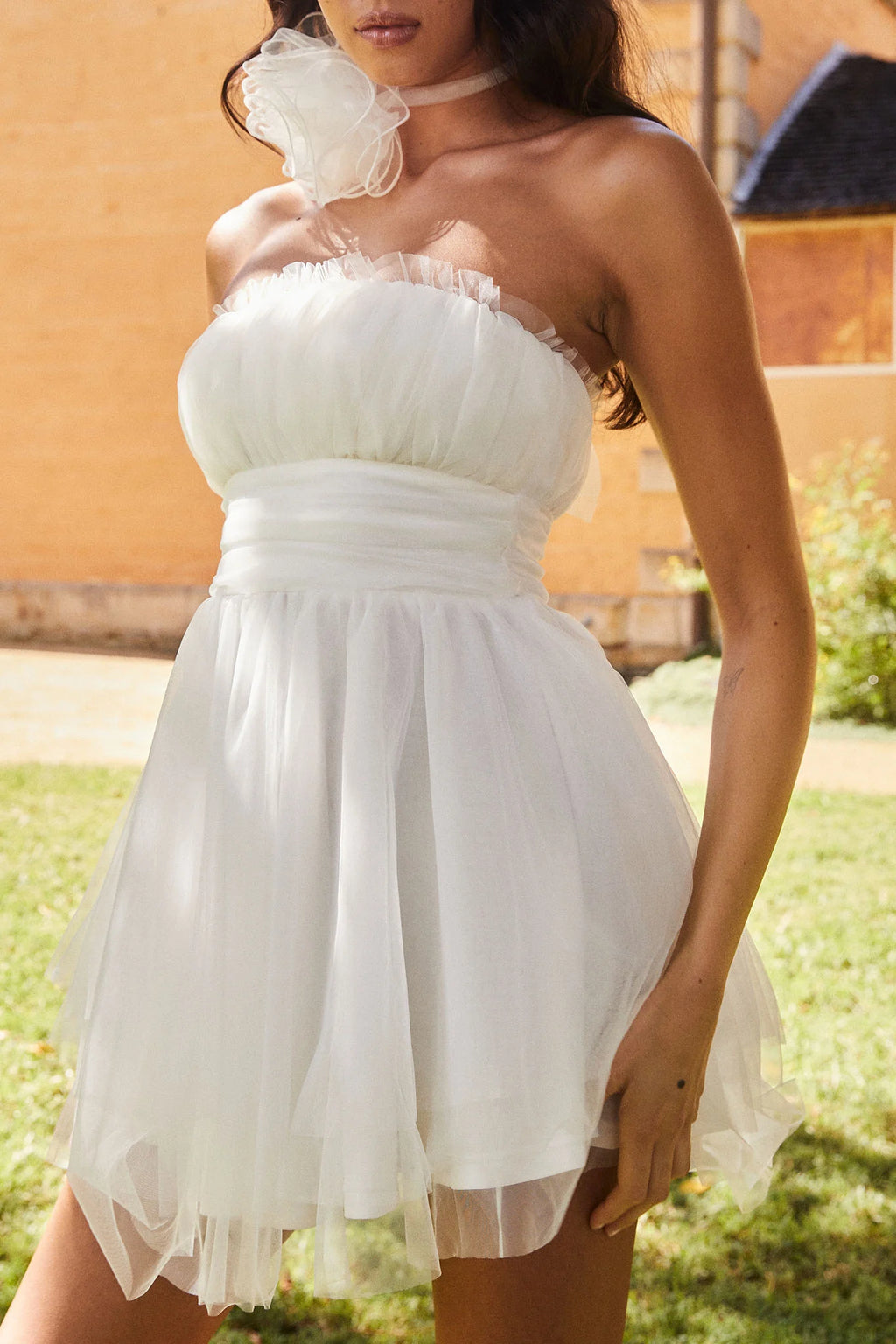 Fayette Strapless Mesh Mini Dress White