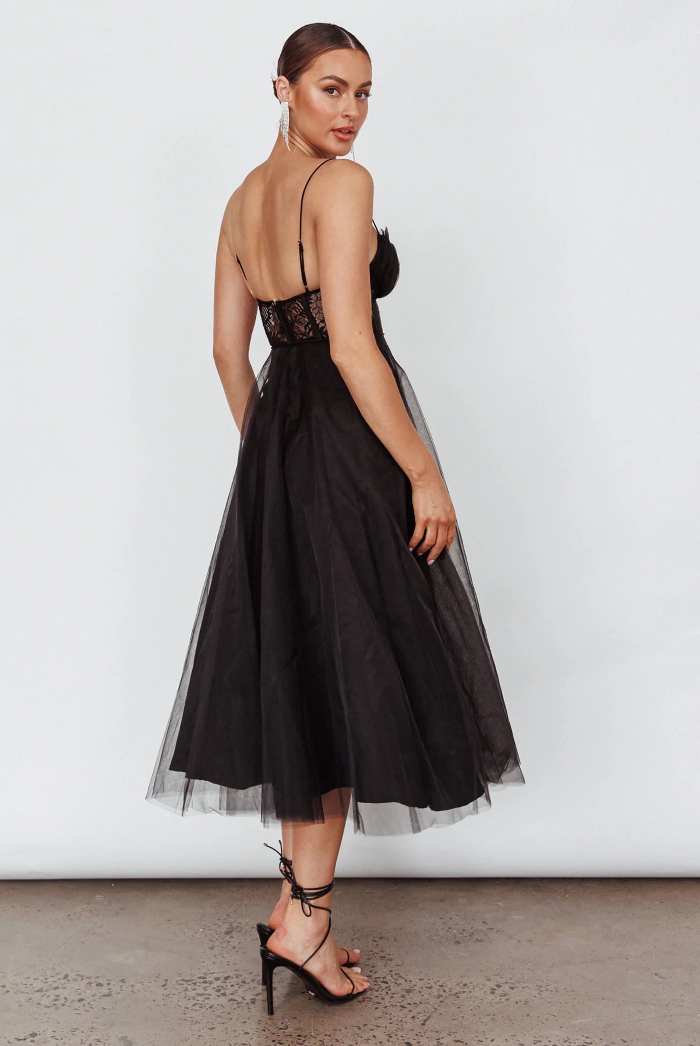 Trophy Lace Bodice Mesh Midi Dress Black