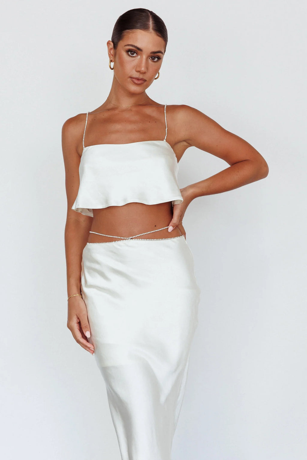 Tahni Diamante Chain Maxi Skirt Oyster