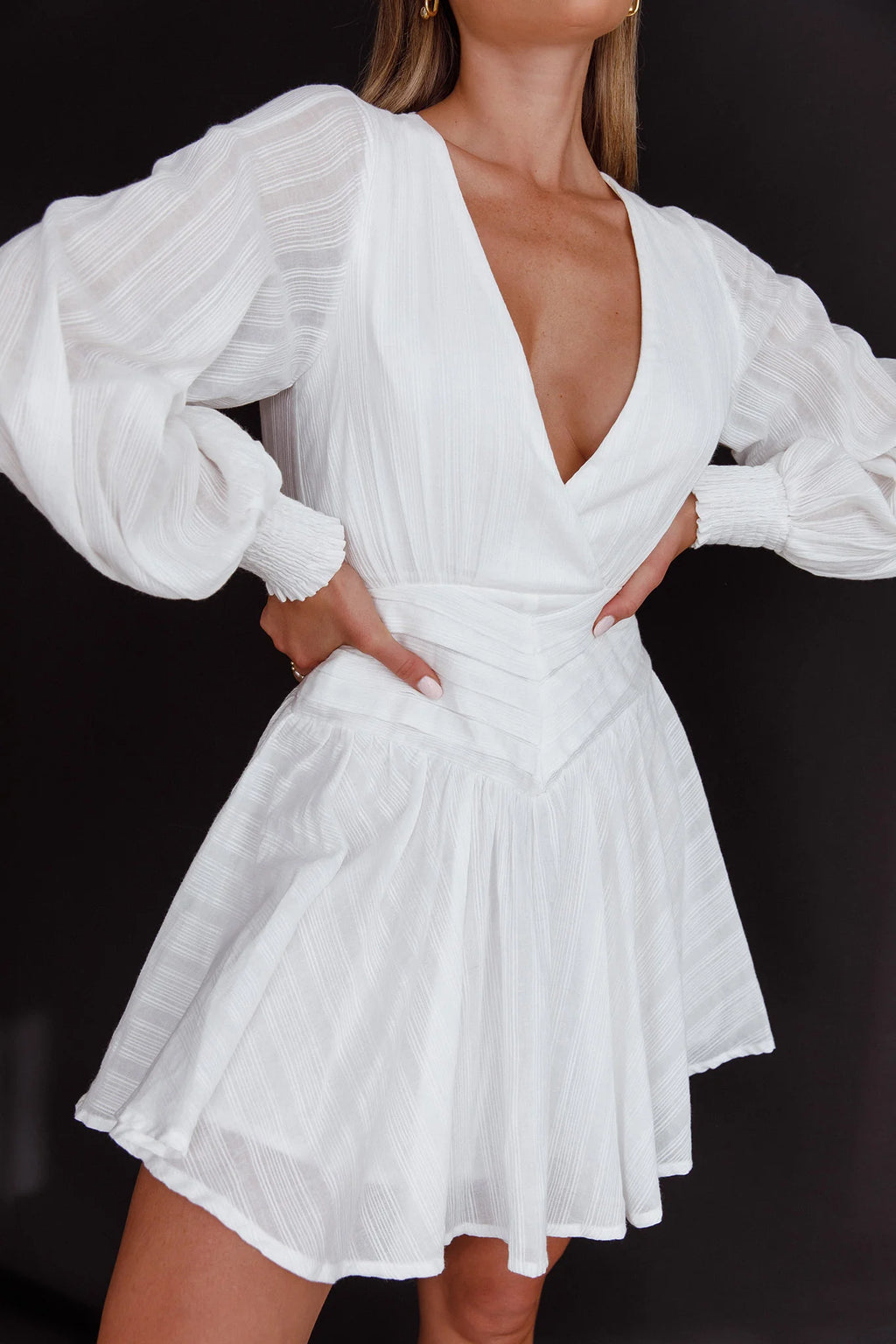 Sweet Escape Lantern Sleeve Pintuck Dress White