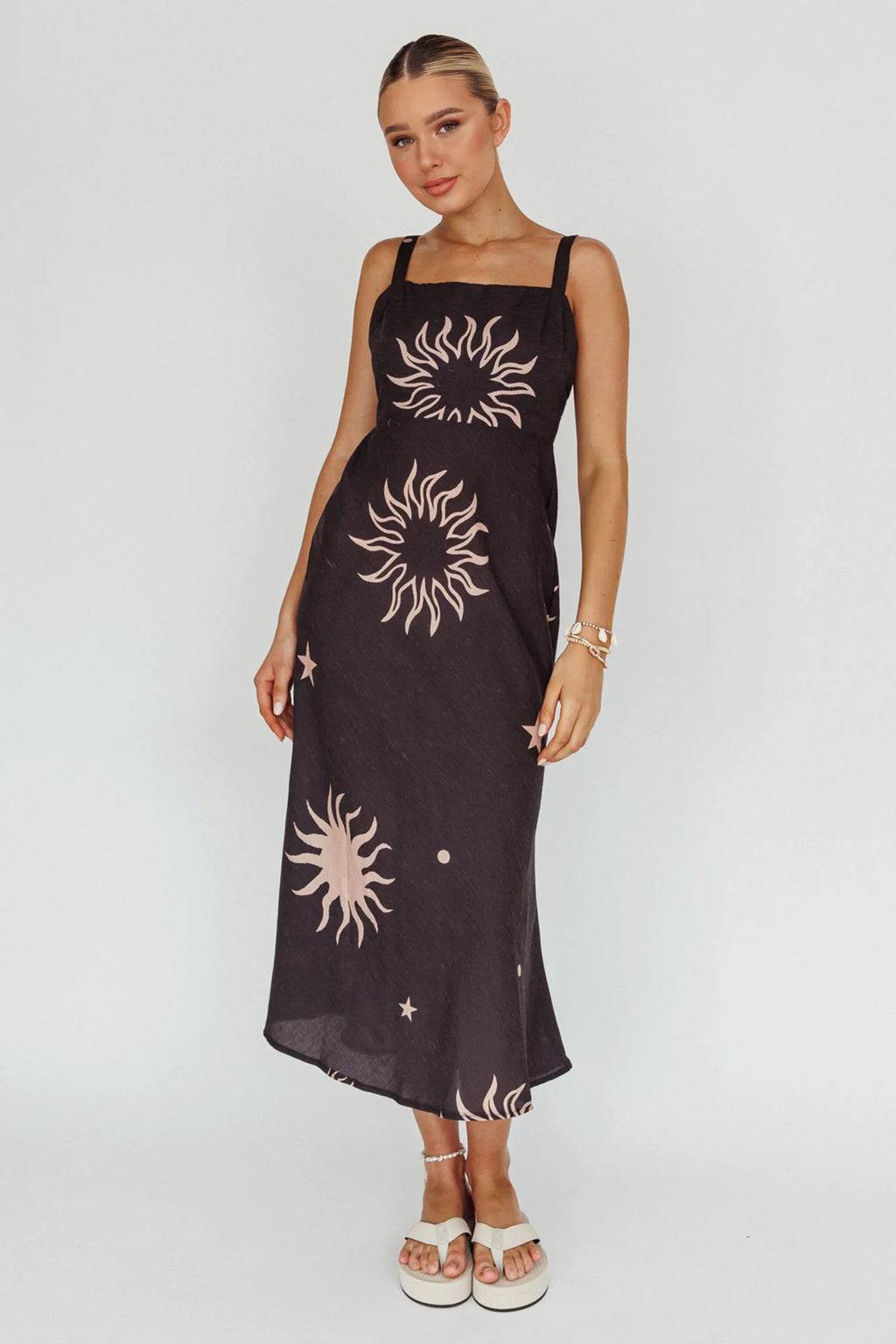 Coucou Square Neckline Midi Dress Celestial Print