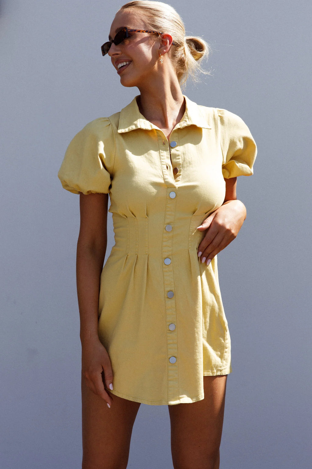 Zurich Pleated Waist Shirt Dress Light Yellow