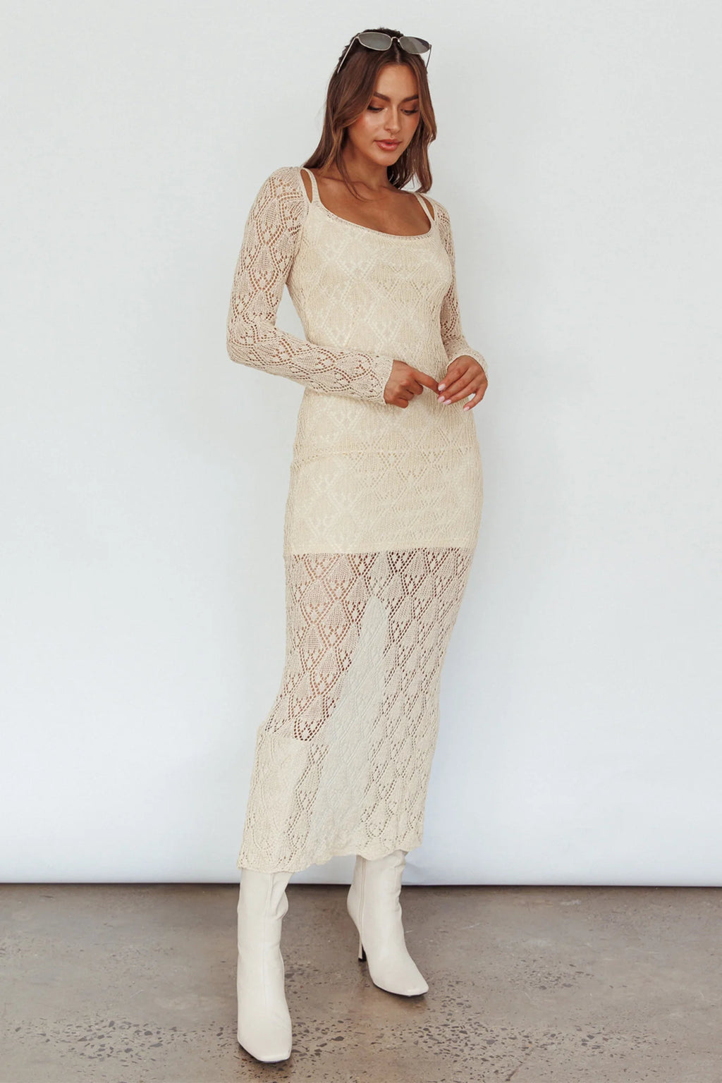 Happy Place Long Sleeve Crochet Midi Dress Beige
