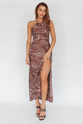 Onella Halterneck Laced Back Maxi Dress Ripple Brown