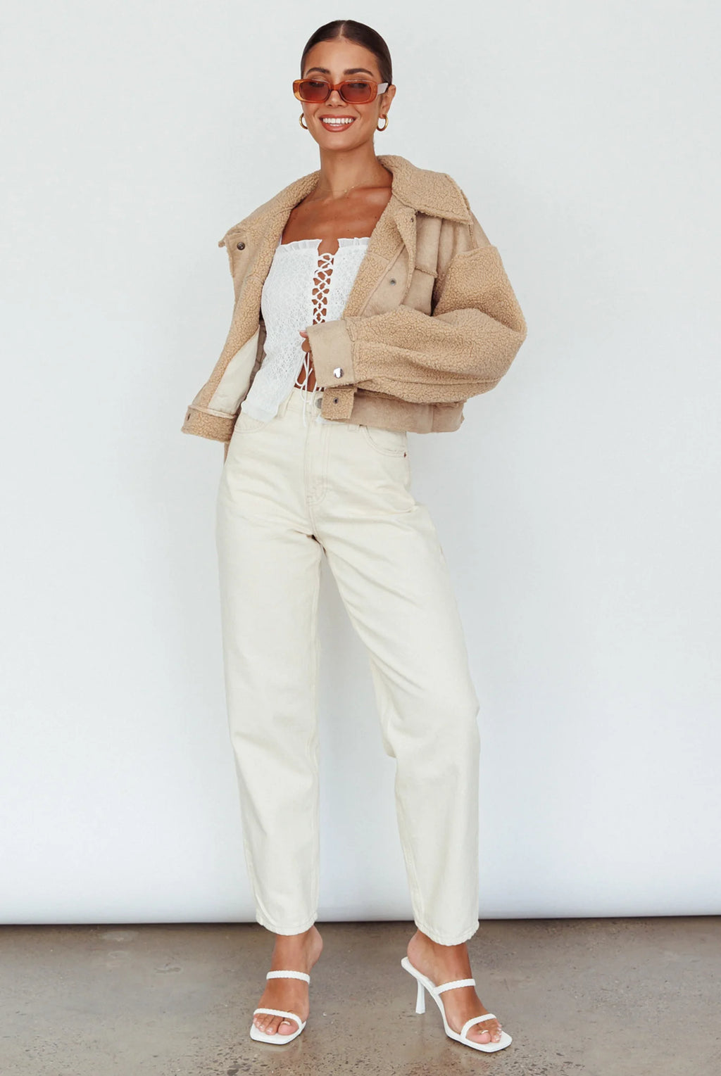 Kya Button Front Shearling Jacket Khaki