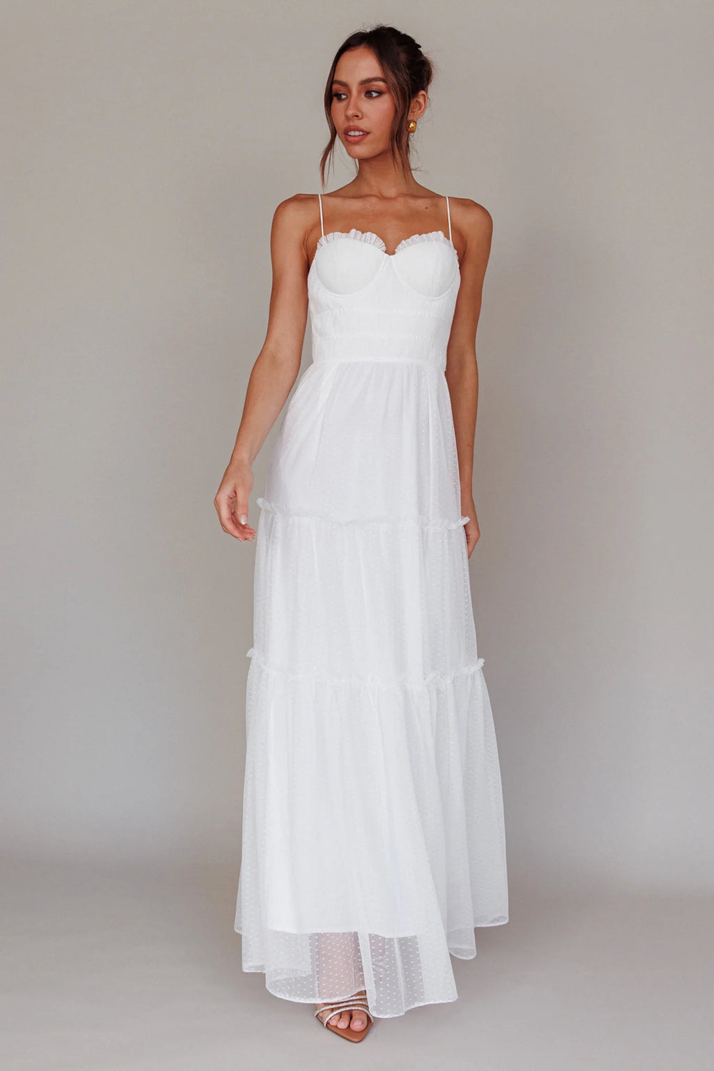 Calla Sweetheart Neckline Hail Spot Midi Dress White