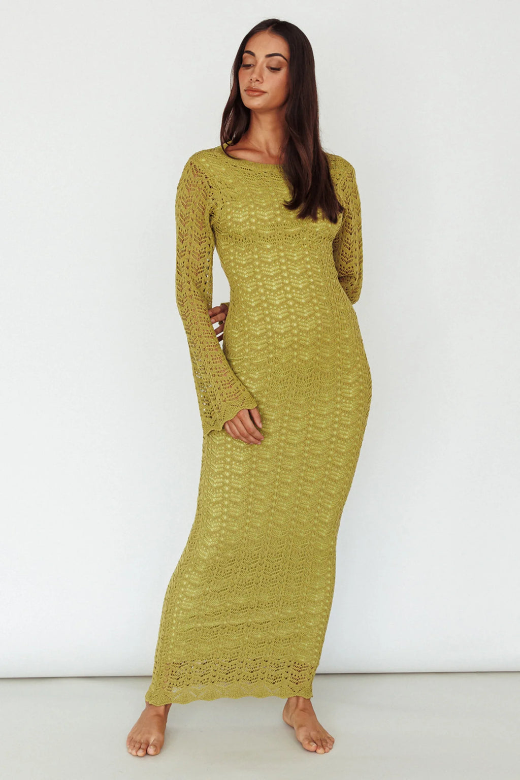 Hyland Open Back Crochet Maxi Dress Olive