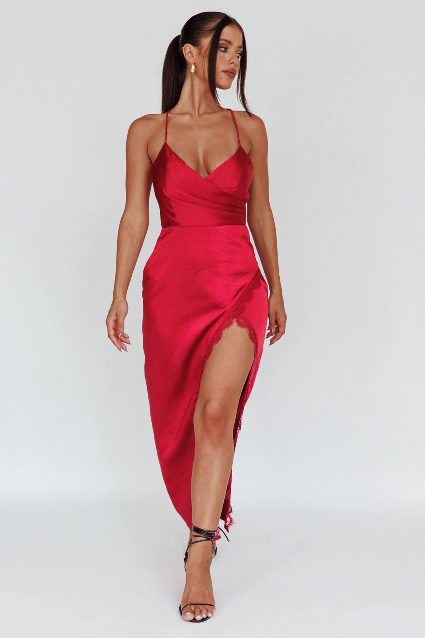 Winter Moon Lace Trim Midi Dress Wine