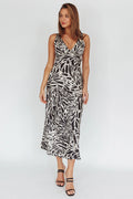 Turin V-Neckline Print Midi Dress Black