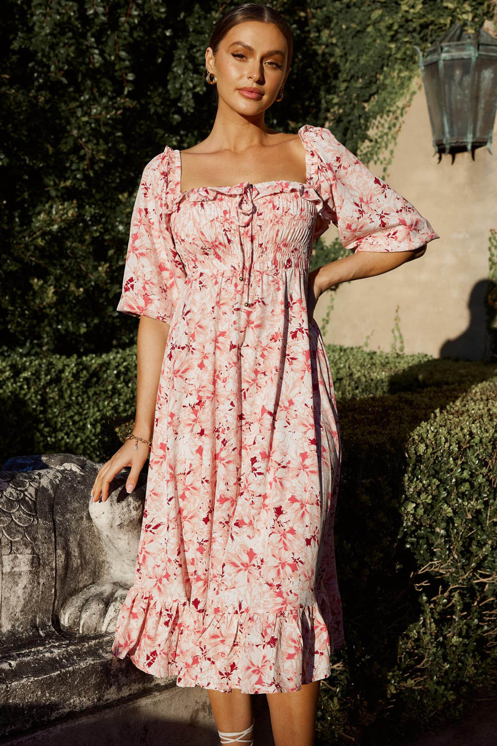 Flynn Balloon Sleeve Shirred Midi Dress Floral Pink