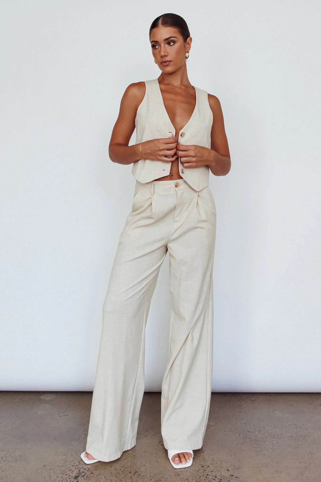 Times Square Buttoned Waistcoat Top Natural