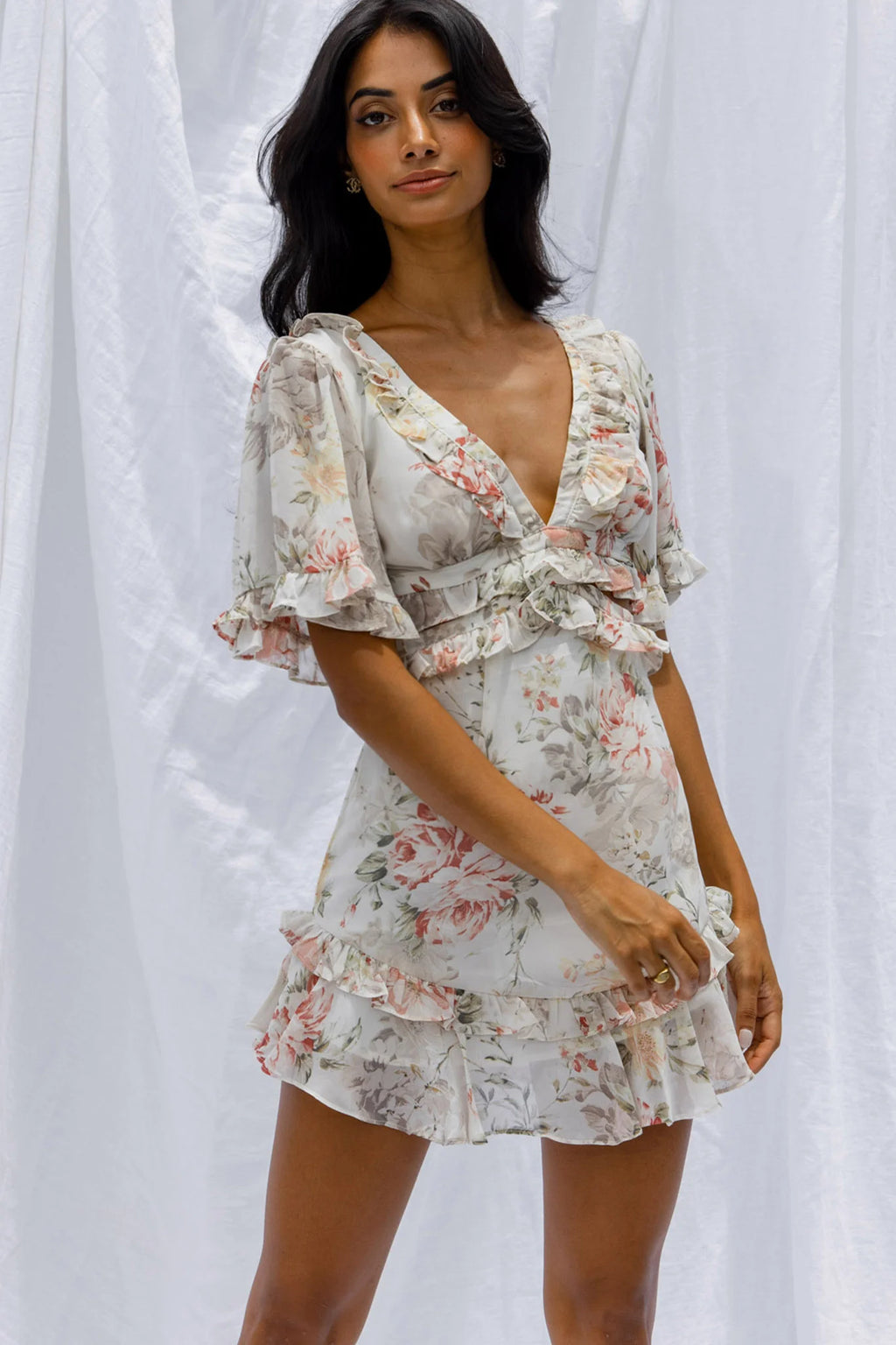 My Belle Cut-Out Detail Frill Accent Dress Vintage Floral Print White