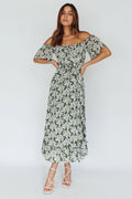 Voyager Off-Shoulder Bell Sleeve Midi Dress Floral Green